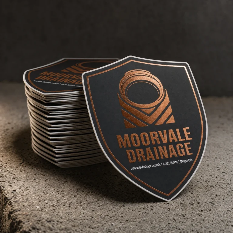 Custom Kiss Cut Stickers with Moorvale Drainage example branding and custom contact details.