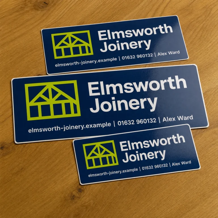 Custom Outdoor Stickers with Elmsworth Joinery example branding and custom contact details.