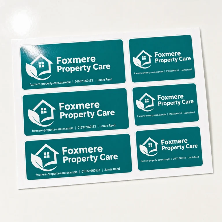 Custom Outdoor Stickers with Foxmere Property Care example branding and custom contact details.