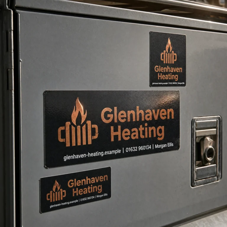 Custom Outdoor Stickers with Glenhaven Heating example branding and custom contact details.