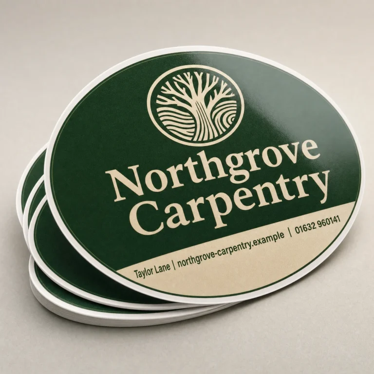 Custom Oval Stickers with Northgrove Carpentry example branding and custom contact details.