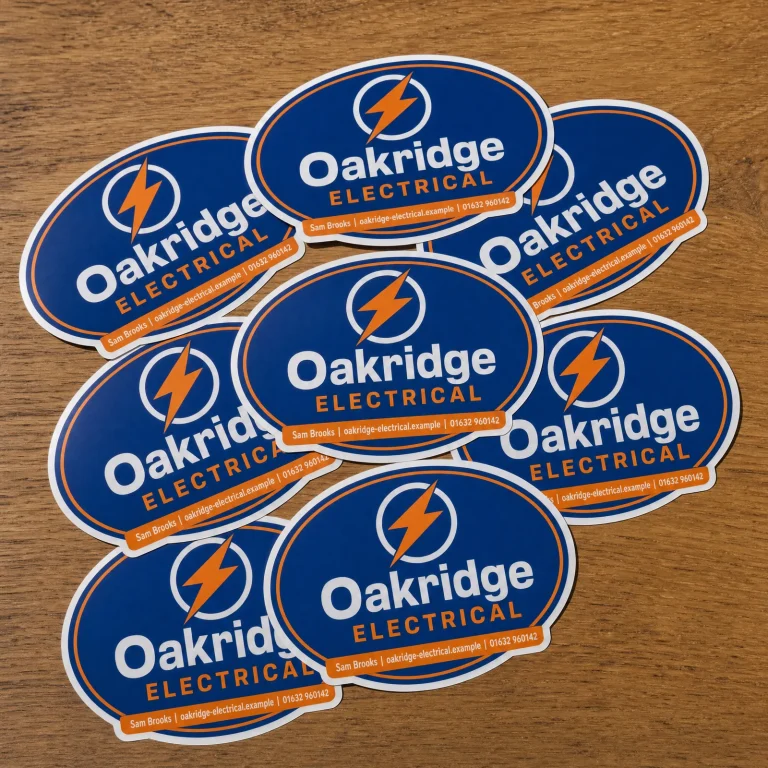Custom Oval Stickers with Oakridge Electrical example branding and custom contact details.