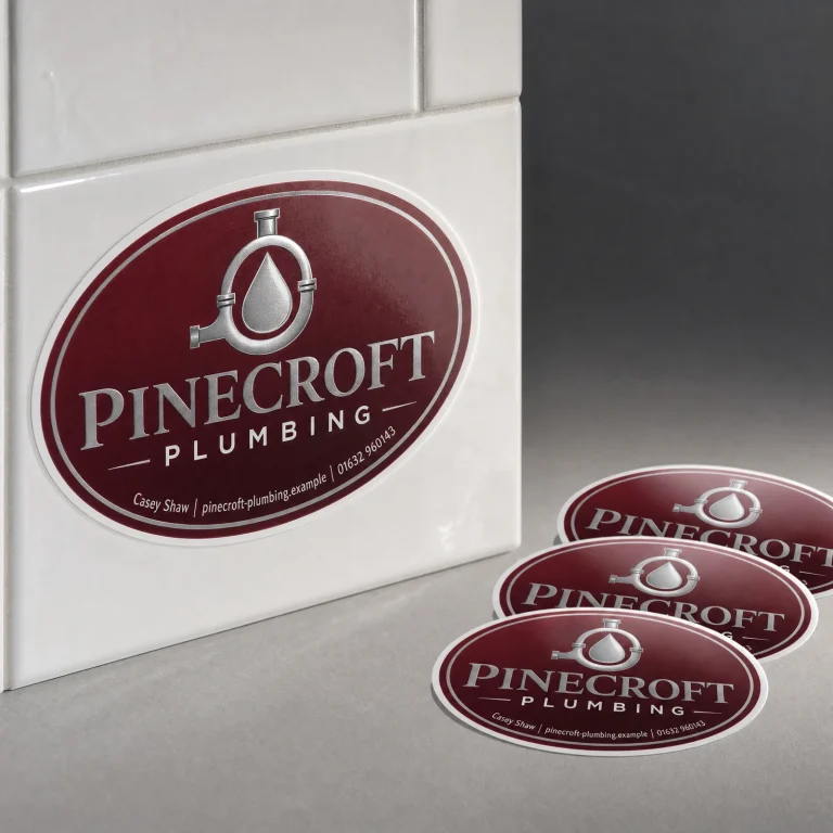 Custom Oval Stickers with Pinecroft Plumbing example branding and custom contact details.