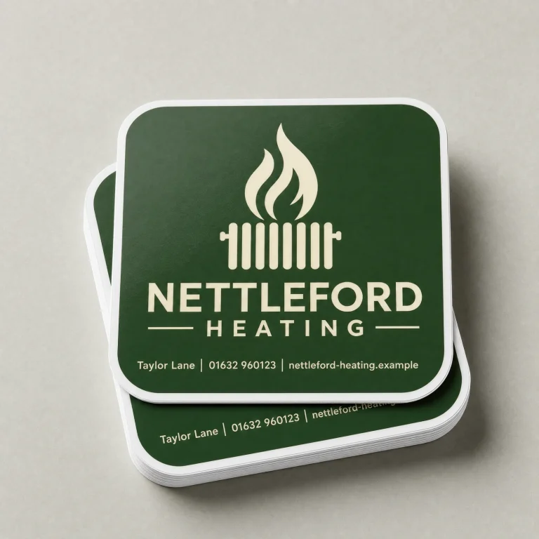 Custom Rounded Stickers with Nettleford Heating example branding and custom contact details.
