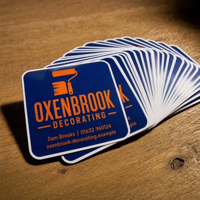 Custom Rounded Stickers with Oxenbrook Decorating example branding and custom contact details.