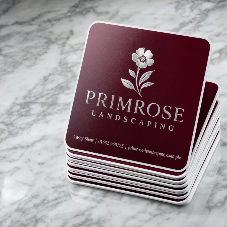 Custom Rounded Stickers with Primrose Landscaping example branding and custom contact details.