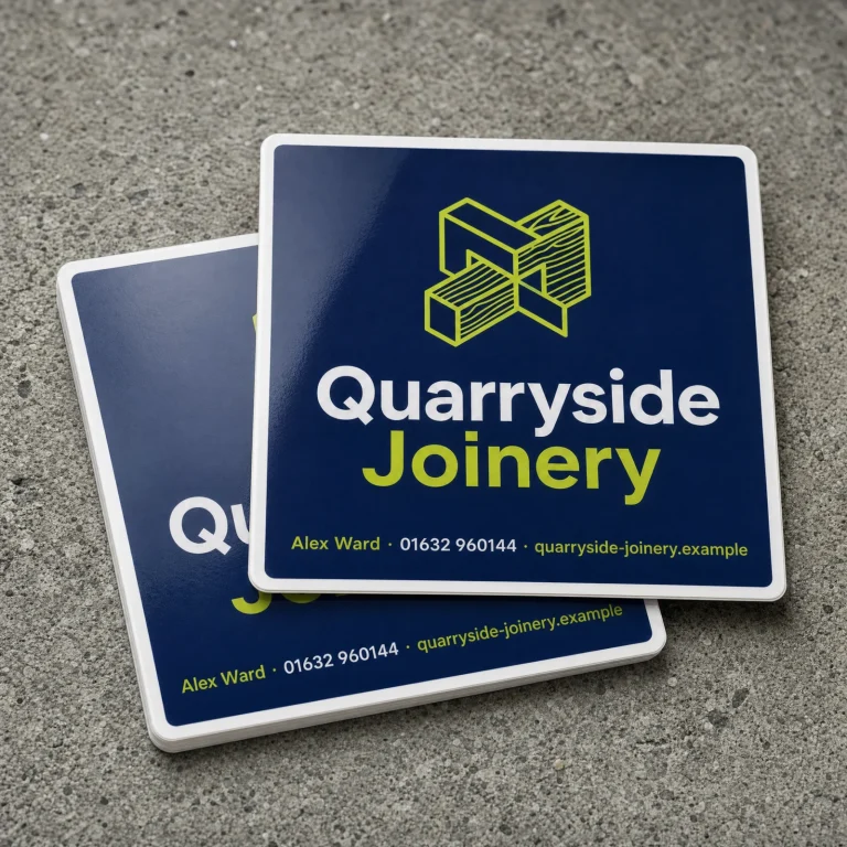 Custom Square Stickers with Quarryside Joinery example branding and custom contact details.