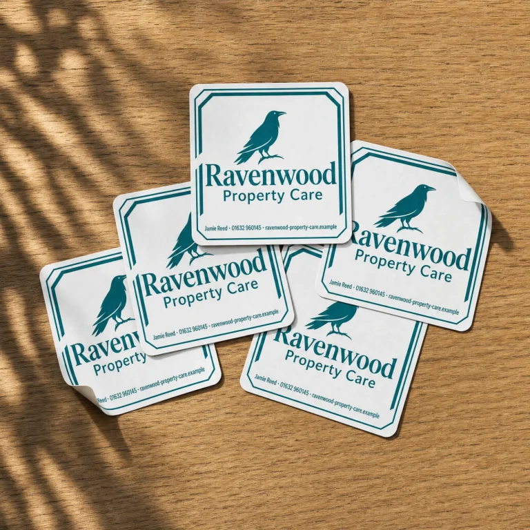 Custom Square Stickers with Ravenwood Property Care example branding and custom contact details.