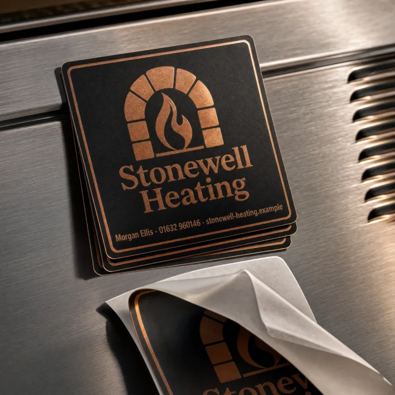 Custom Square Stickers with Stonewell Heating example branding and custom contact details.