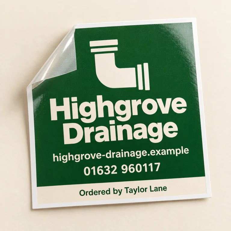 Custom Static Cling Stickers with Highgrove Drainage example branding and custom contact details.