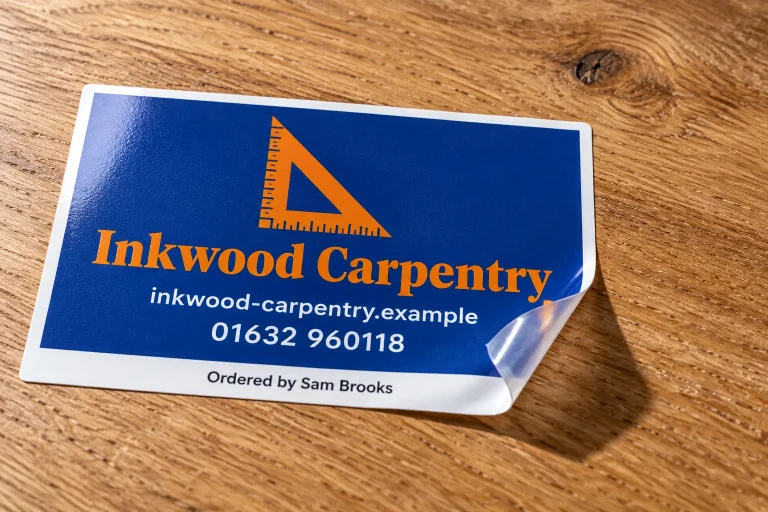 Custom Static Cling Stickers with Inkwood Carpentry example branding and custom contact details.