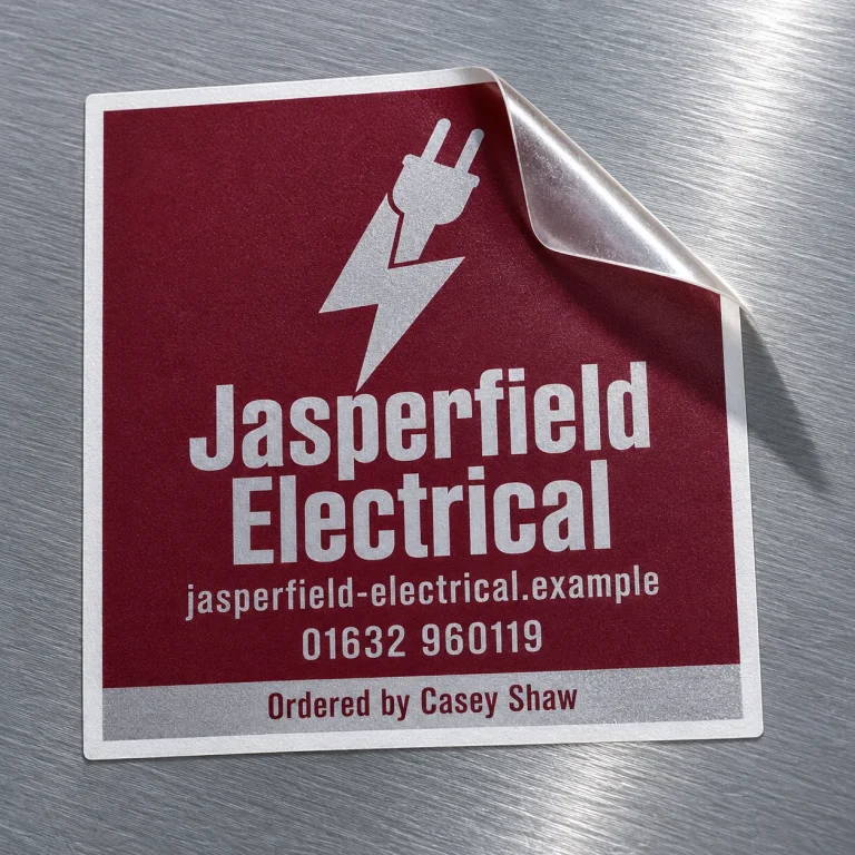 Custom Static Cling Stickers with Jasperfield Electrical example branding and custom contact details.