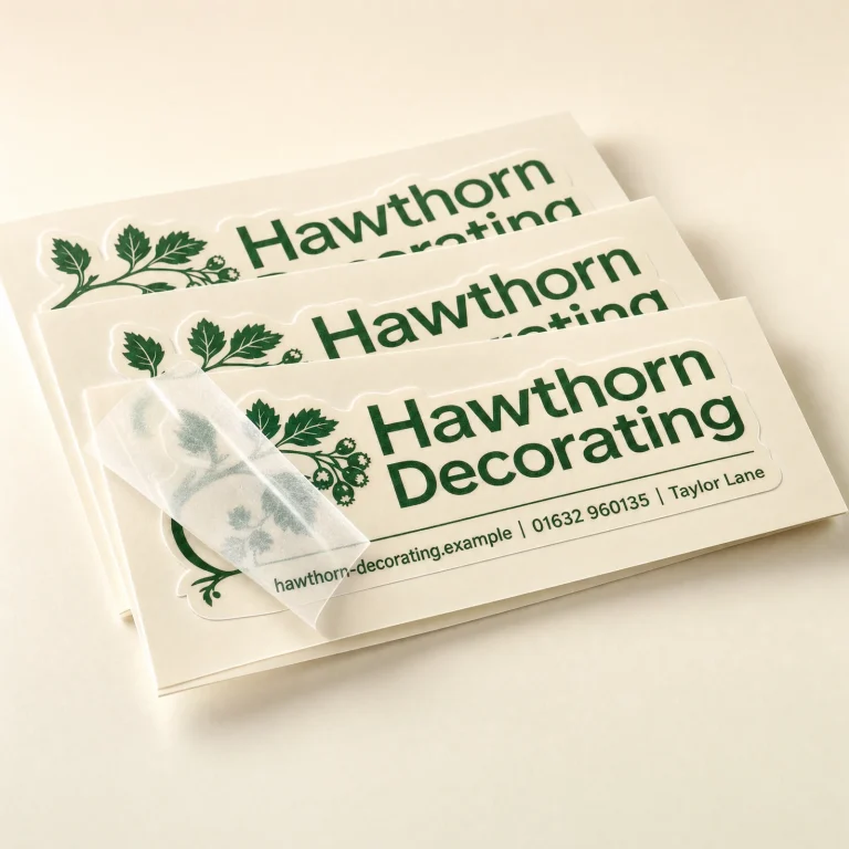 Custom Transfer Stickers with Hawthorn Decorating example branding and custom contact details.