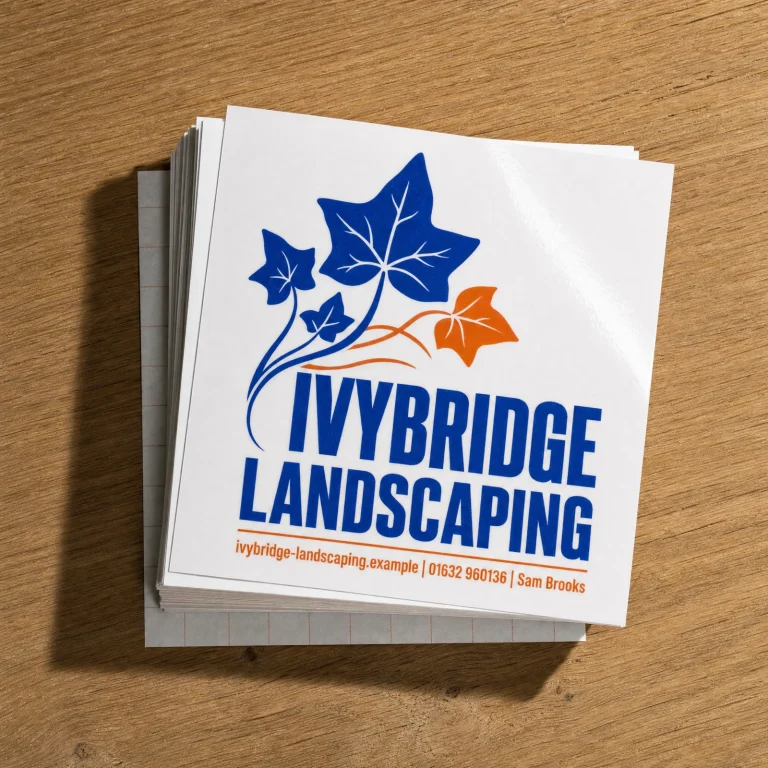 Custom Transfer Stickers with Ivybridge Landscaping example branding and custom contact details.