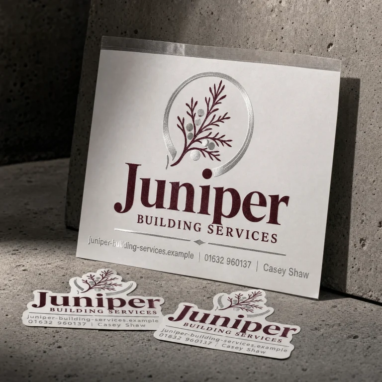 Custom Transfer Stickers with Juniper Building Services example branding and custom contact details.