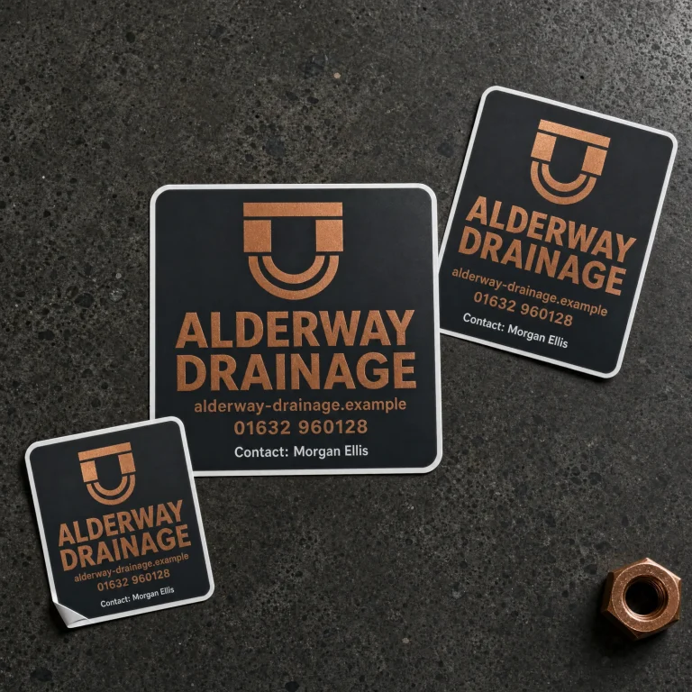 Custom Window Stickers with Alderway Drainage example branding and custom contact details.