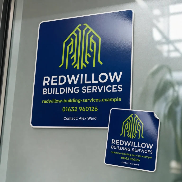 Custom Window Stickers with Redwillow Building Services example branding and custom contact details.