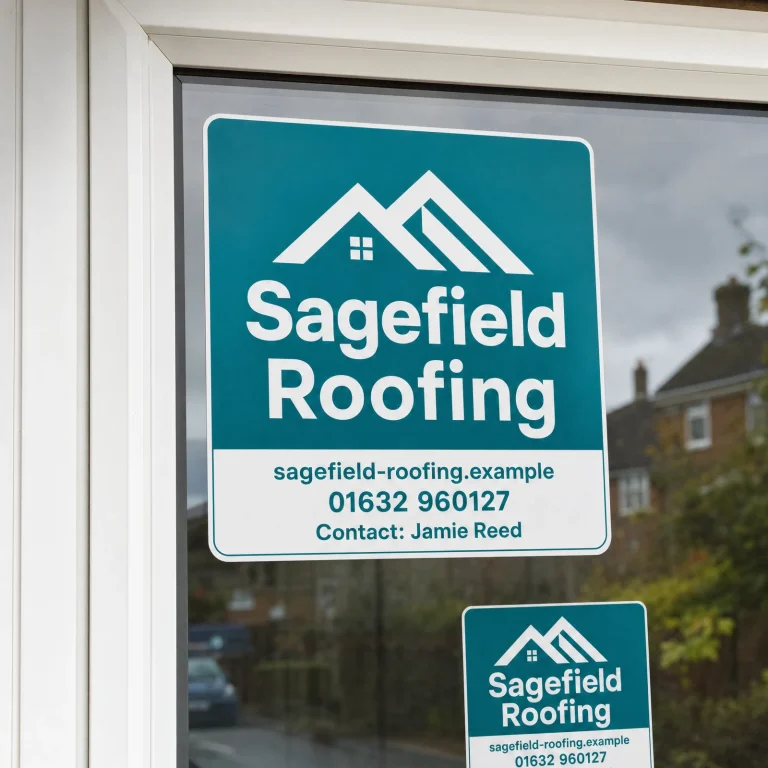 Custom Window Stickers with Sagefield Roofing example branding and custom contact details.