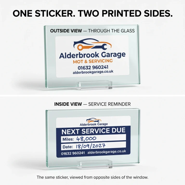 Double-sided MOT service sticker for Alderbrook Garage, showing garage branding through the glass and a next-service reminder on the inside face of the same window sticker.