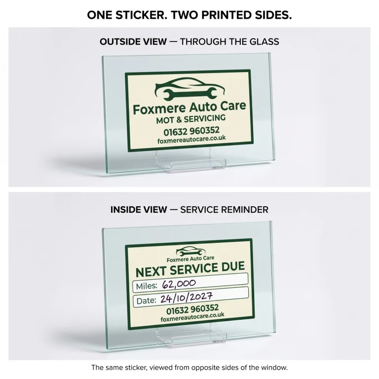 Double-sided MOT service sticker for Foxmere Auto Care, showing garage branding through the glass and a next-service reminder on the inside face of the same window sticker.