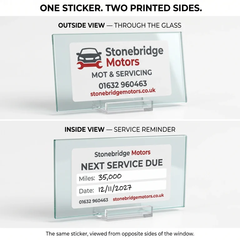 Double-sided MOT service sticker for Stonebridge Motors, showing garage branding through the glass and a next-service reminder on the inside face of the same window sticker.