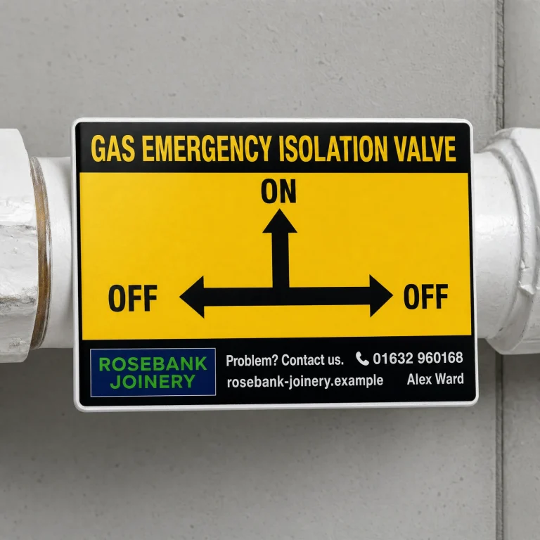 Isolation Valve Instruction Stickers with Rosebank Joinery example branding and custom contact details.