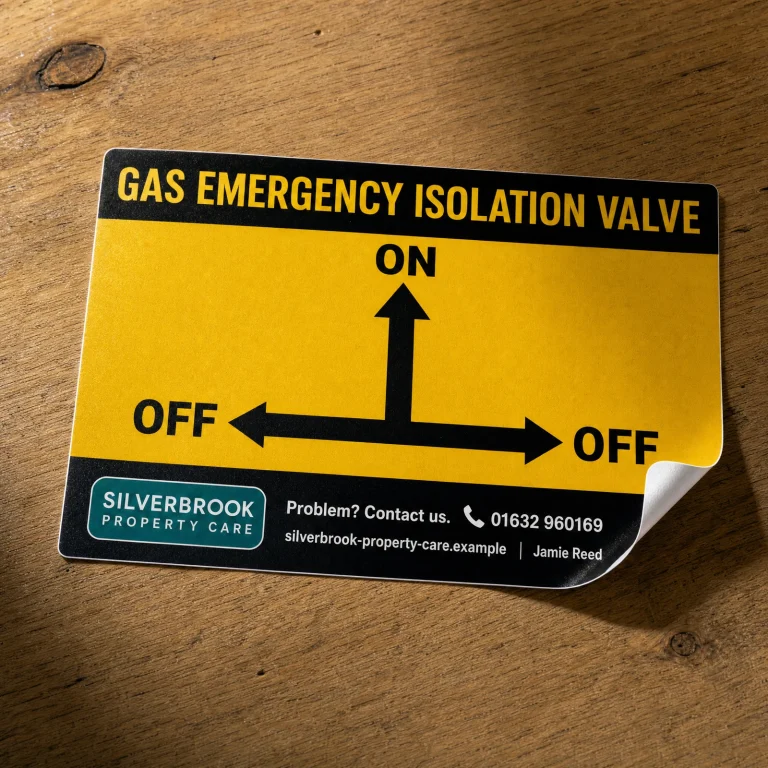 Isolation Valve Instruction Stickers with Silverbrook Property Care example branding and custom contact details.