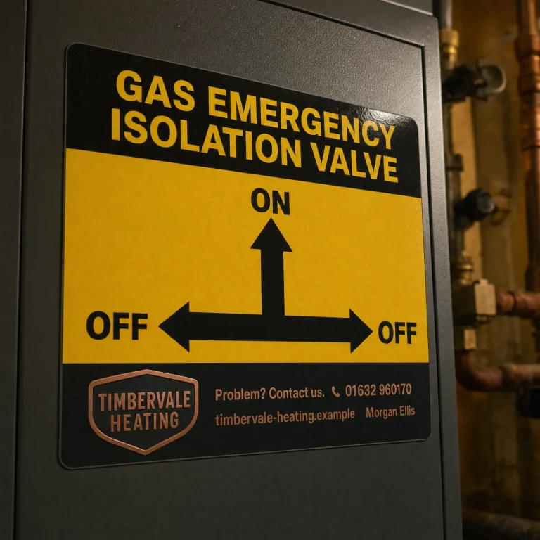 Isolation Valve Instruction Stickers with Timbervale Heating example branding and custom contact details.