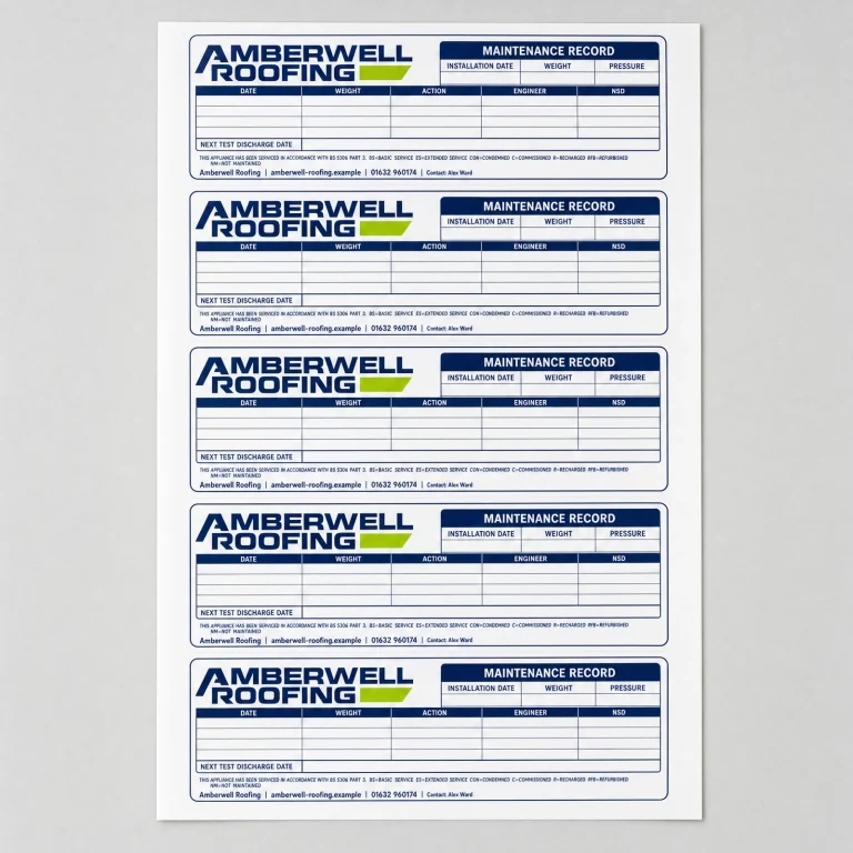 Fire Maintenance Stickers with Amberwell Roofing example branding and custom contact details.