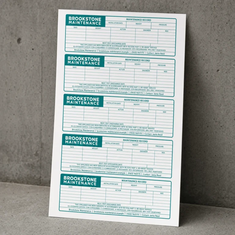 Fire Maintenance Stickers with Brookstone Maintenance example branding and custom contact details.