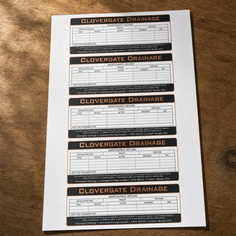 Fire Maintenance Stickers with Clovergate Drainage example branding and custom contact details.
