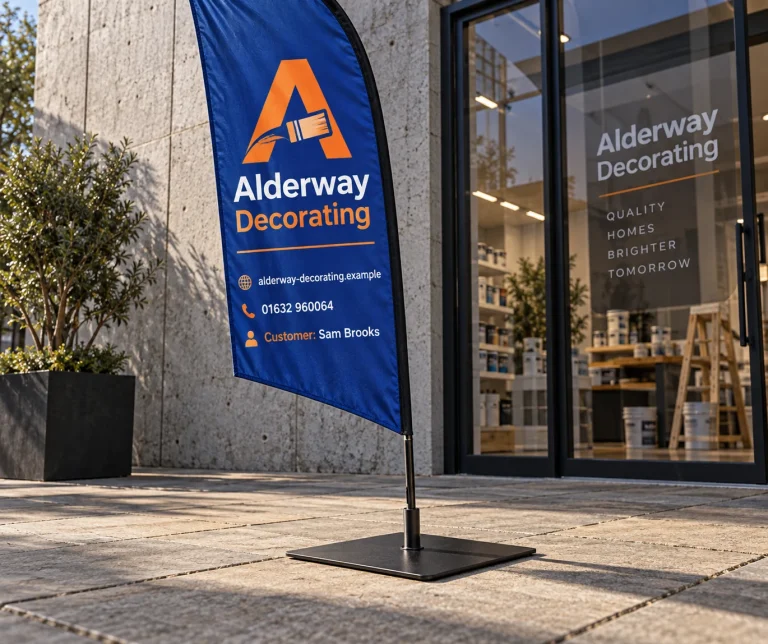 Flag Small Metal Base shown with a Alderway Decorating example promotional flag and business contact details.