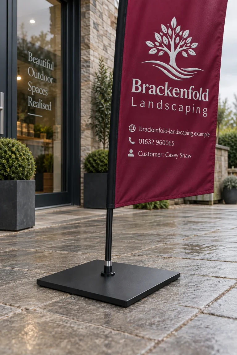 Flag Small Metal Base shown with a Brackenfold Landscaping example promotional flag and business contact details.