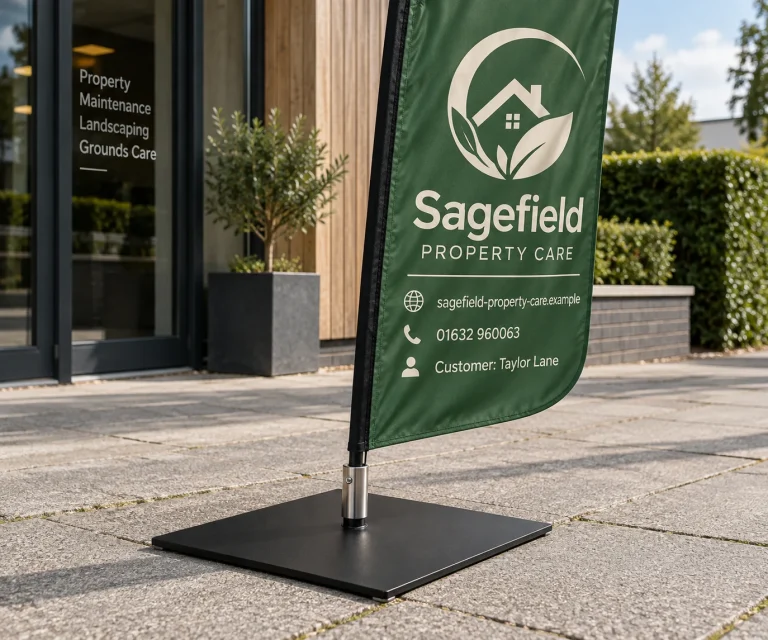Flag Small Metal Base shown with a Sagefield Property Care example promotional flag and business contact details.