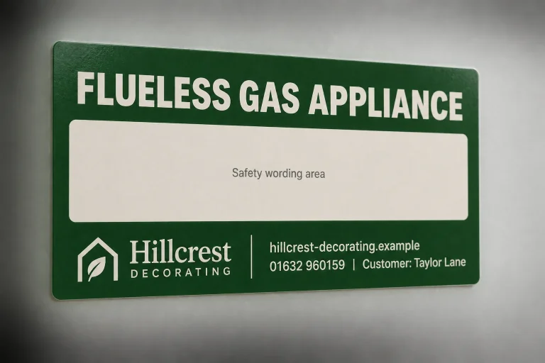 Flueless Warning Stickers with Hillcrest Decorating example branding and custom contact details.