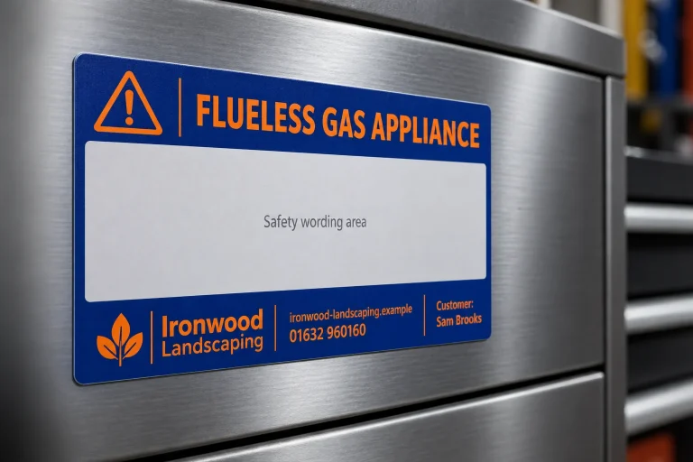 Flueless Warning Stickers with Ironwood Landscaping example branding and custom contact details.