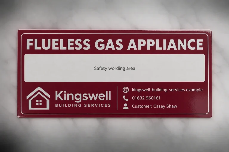 Flueless Warning Stickers with Kingswell Building Services example branding and custom contact details.