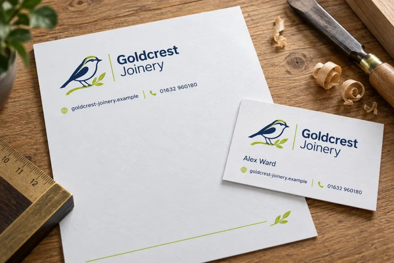 Free Logo Design example showing Goldcrest Joinery logo artwork and business contact details.