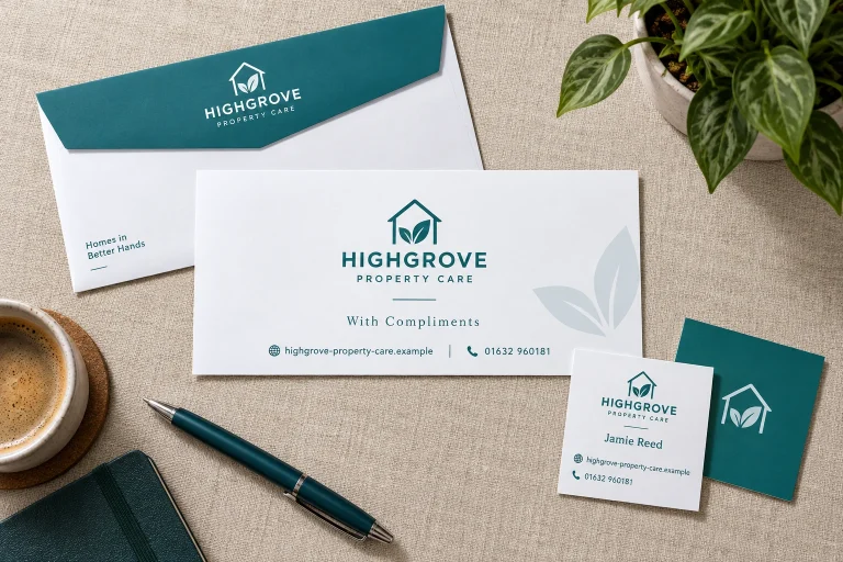 Free Logo Design example showing Highgrove Property Care logo artwork and business contact details.