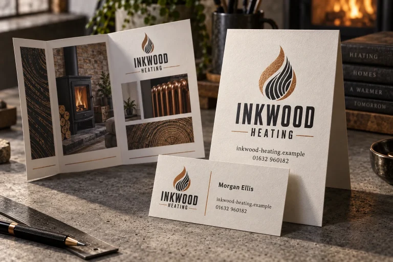 Free Logo Design example showing Inkwood Heating logo artwork and business contact details.