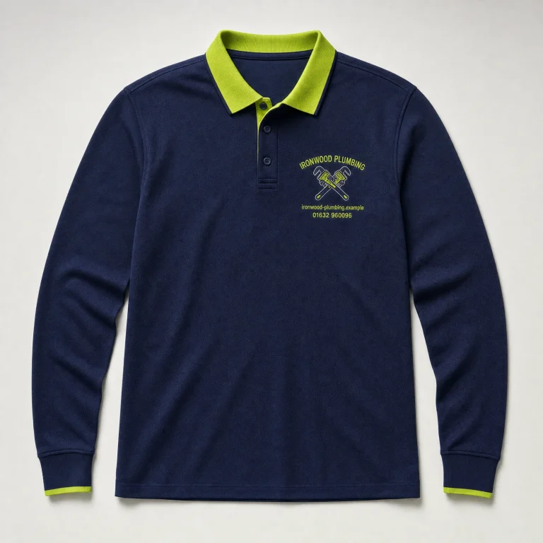 Long Sleeve Polo ProRTX with Ironwood Plumbing example branding and custom contact details.
