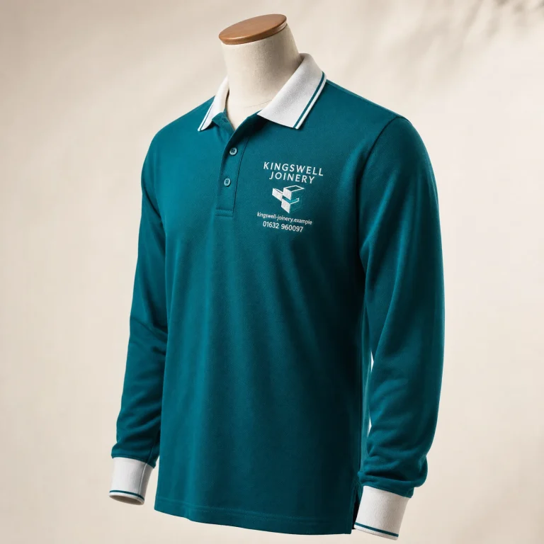 Long Sleeve Polo ProRTX with Kingswell Joinery example branding and custom contact details.