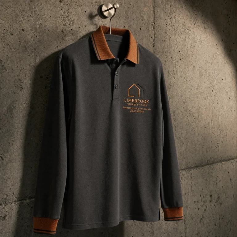 Long Sleeve Polo ProRTX with Limebrook Property Care example branding and custom contact details.