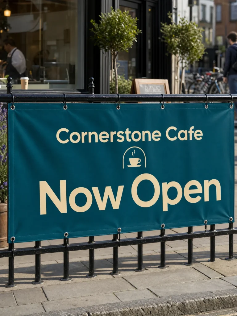 Outdoor promotional banner with Cornerstone Cafe branding and a Now Open message.