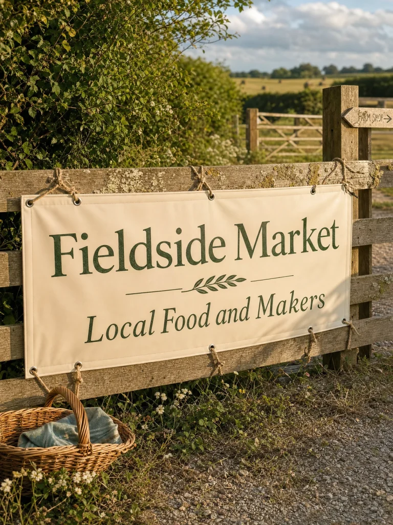 Printed outdoor banner with Fieldside Market branding displayed at a rural entrance.