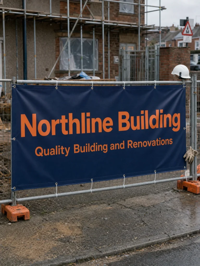 Custom outdoor PVC banner with Northline Building branding, displayed on a construction-site fence.