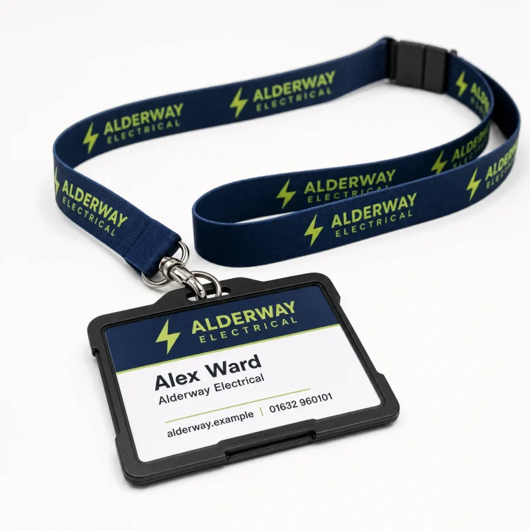 Printed Lanyards with Alderway Electrical example branding and custom contact details.