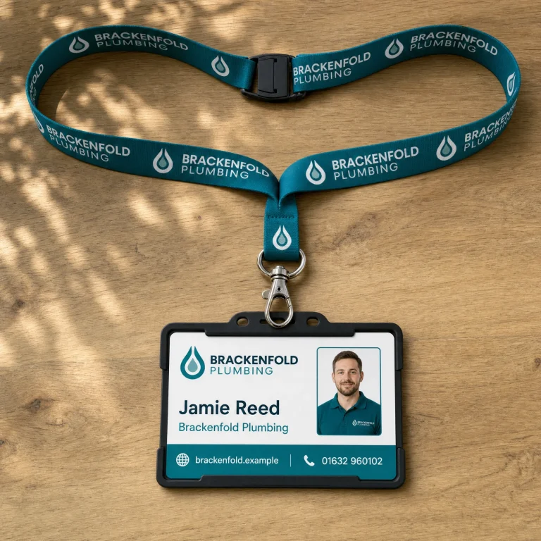 Printed Lanyards with Brackenfold Plumbing example branding and custom contact details.