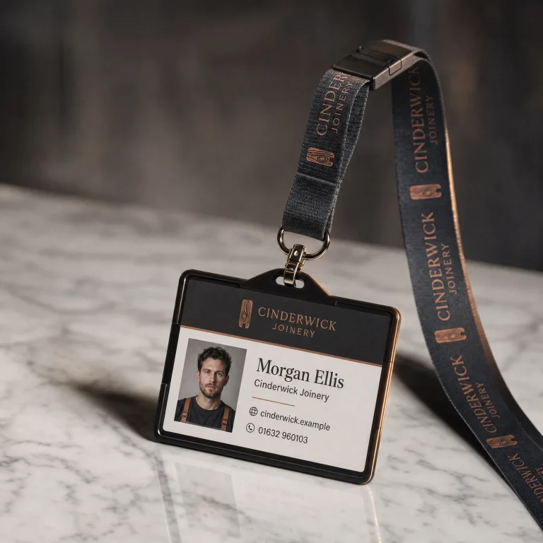 Printed Lanyards with Cinderwick Joinery example branding and custom contact details.