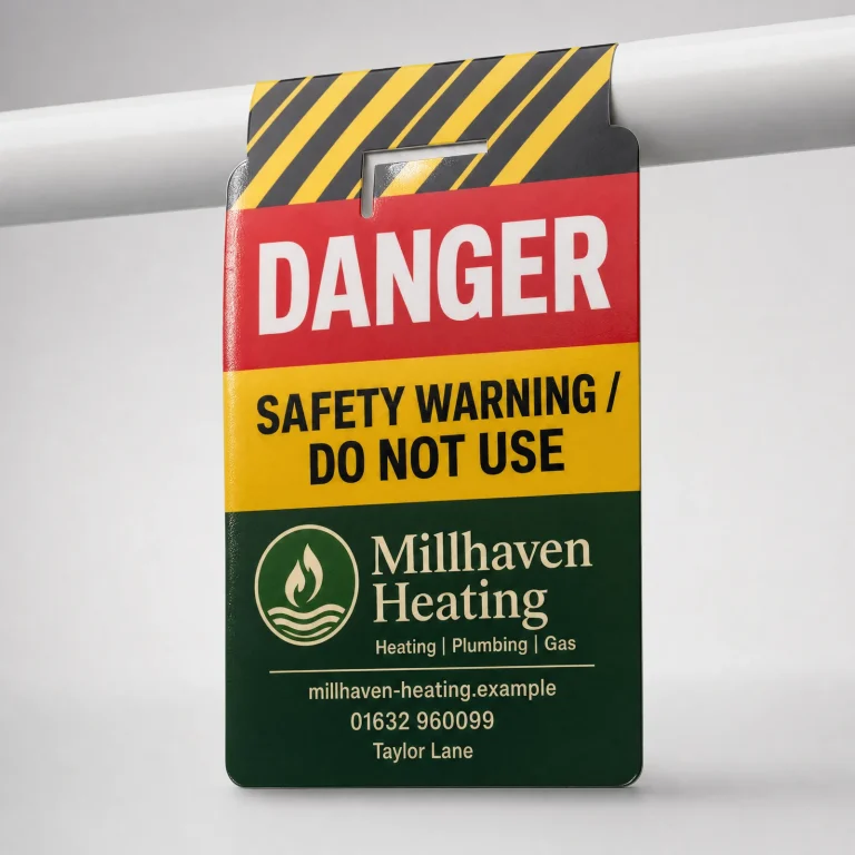 Printed Pipe Tags with Millhaven Heating example branding and custom contact details.